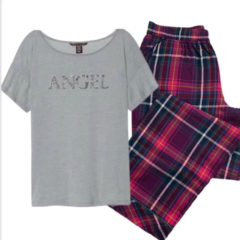 Victoria's Secret Soft Angel Sequin Top L & Dreamer Flannel Pant M pajama Set